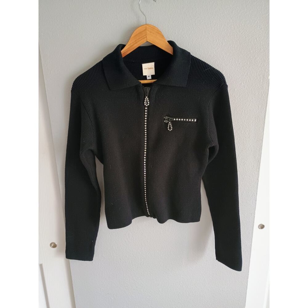 Rhinestone embellished black cardigan medium von saken zip up sweater bedazzled